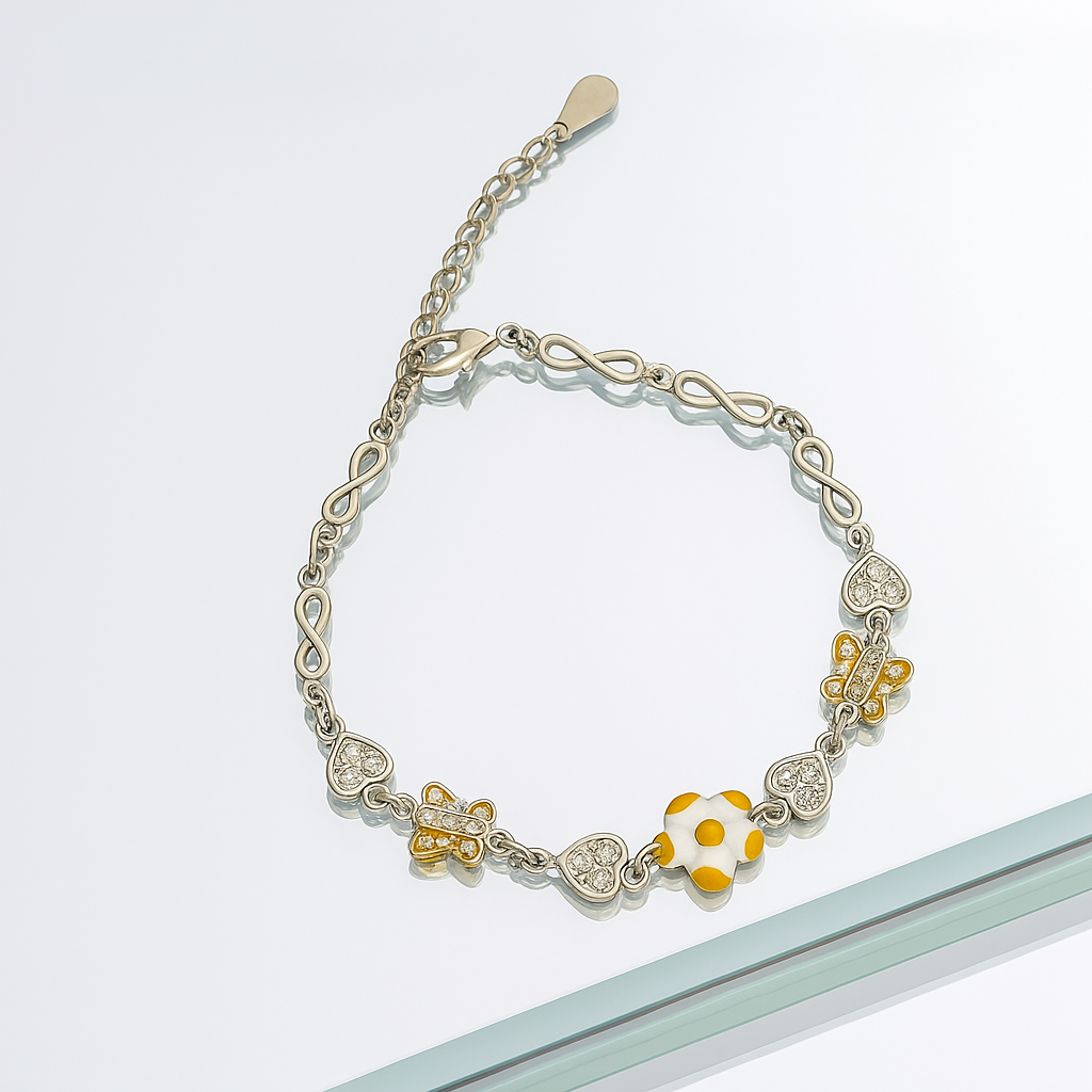 Silver bracelet with floral beads on a white background