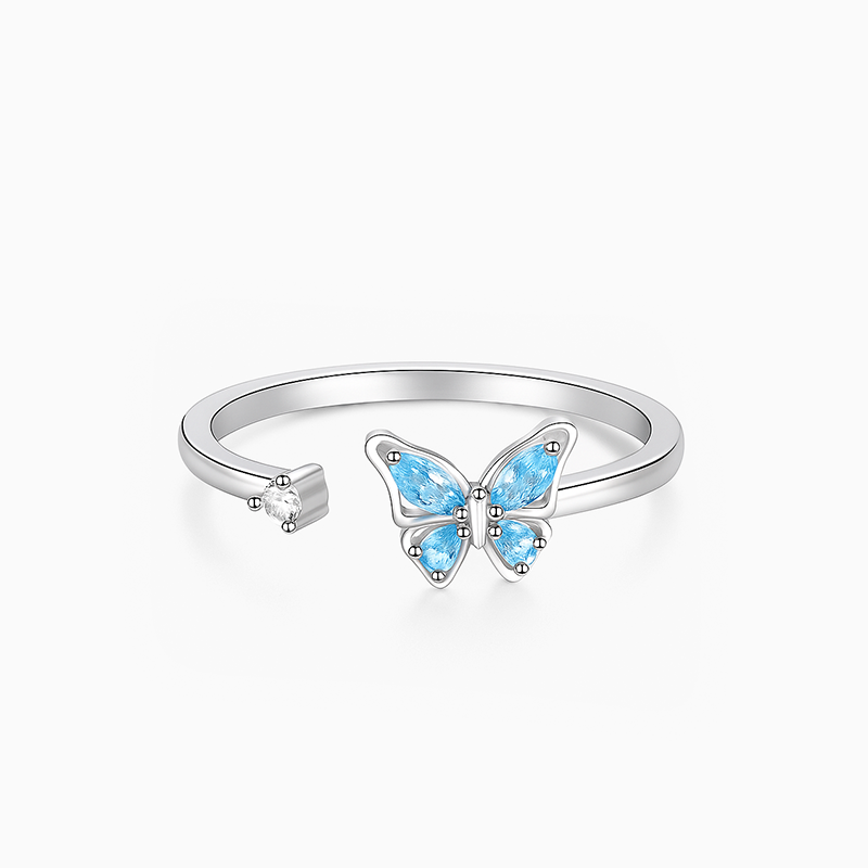 Rotating Blue Butterfly Silver Ring
