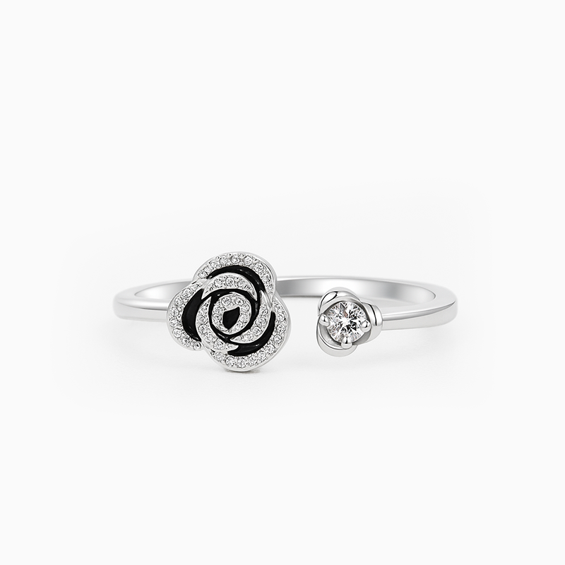 Black Rose Adjustable Silver Ring