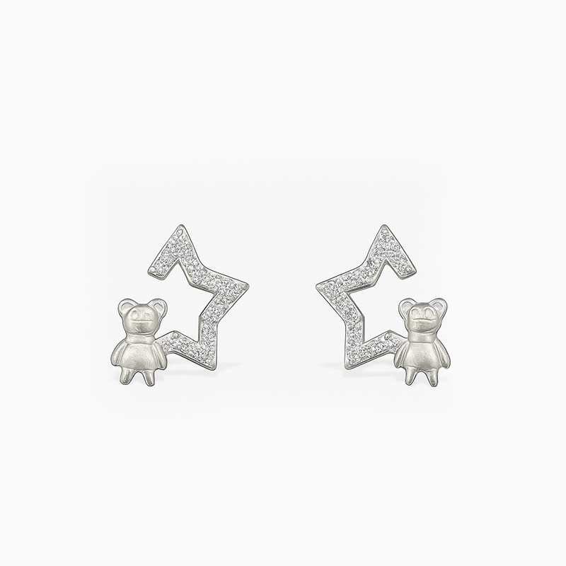 Trendy Starry TeddyBear Silver Studs