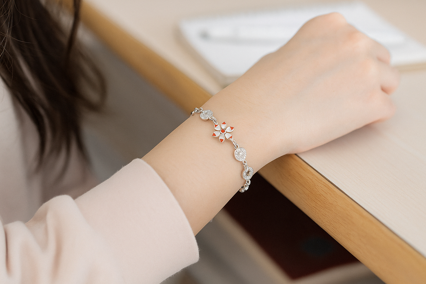 Diamond Heart Flower Charm Bracelet