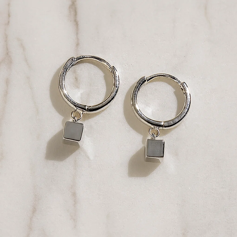 Silver Hoop Cube Drop Earrings