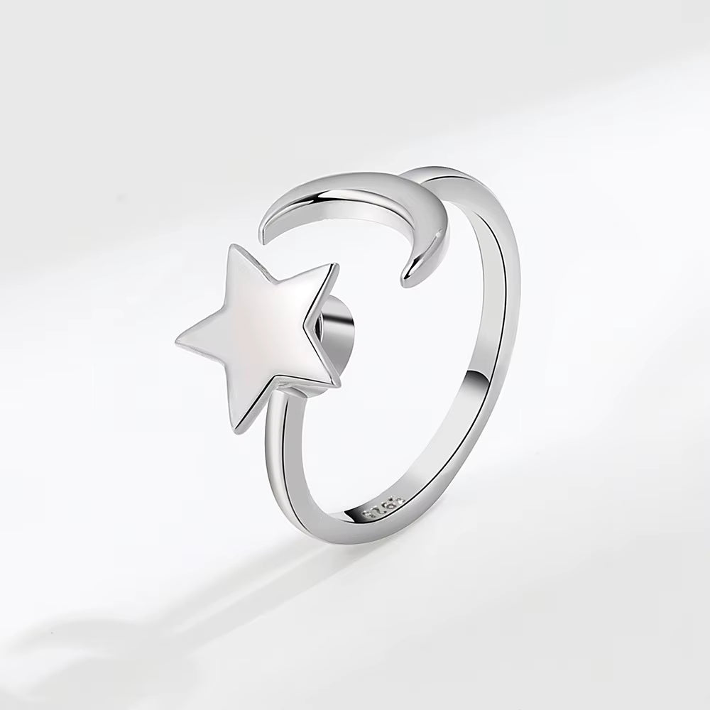 Solid Star Moon Silver Ring