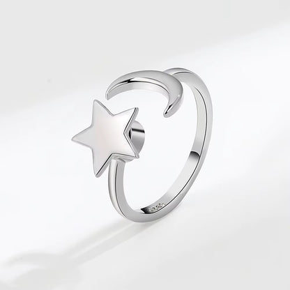Solid Star Moon Silver Ring