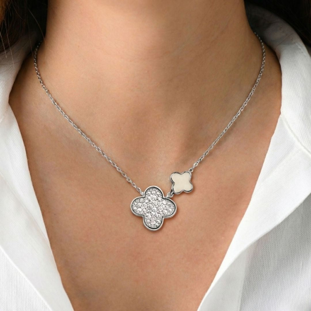 Lucky Bloom Dual Clover Silver Necklace