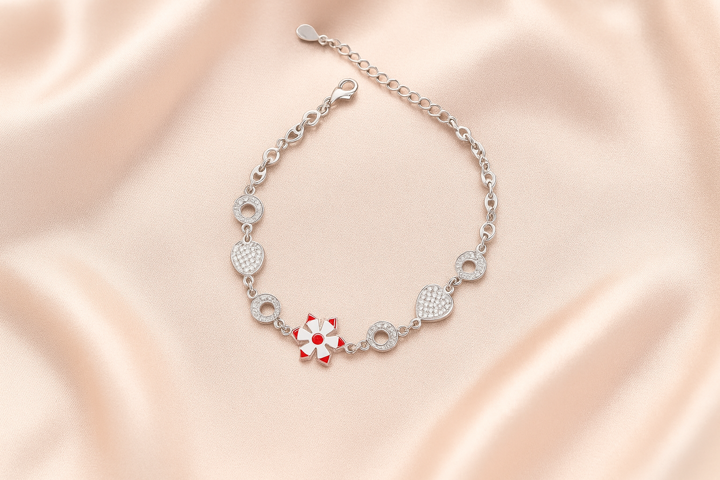 Diamond Heart Flower Charm Bracelet
