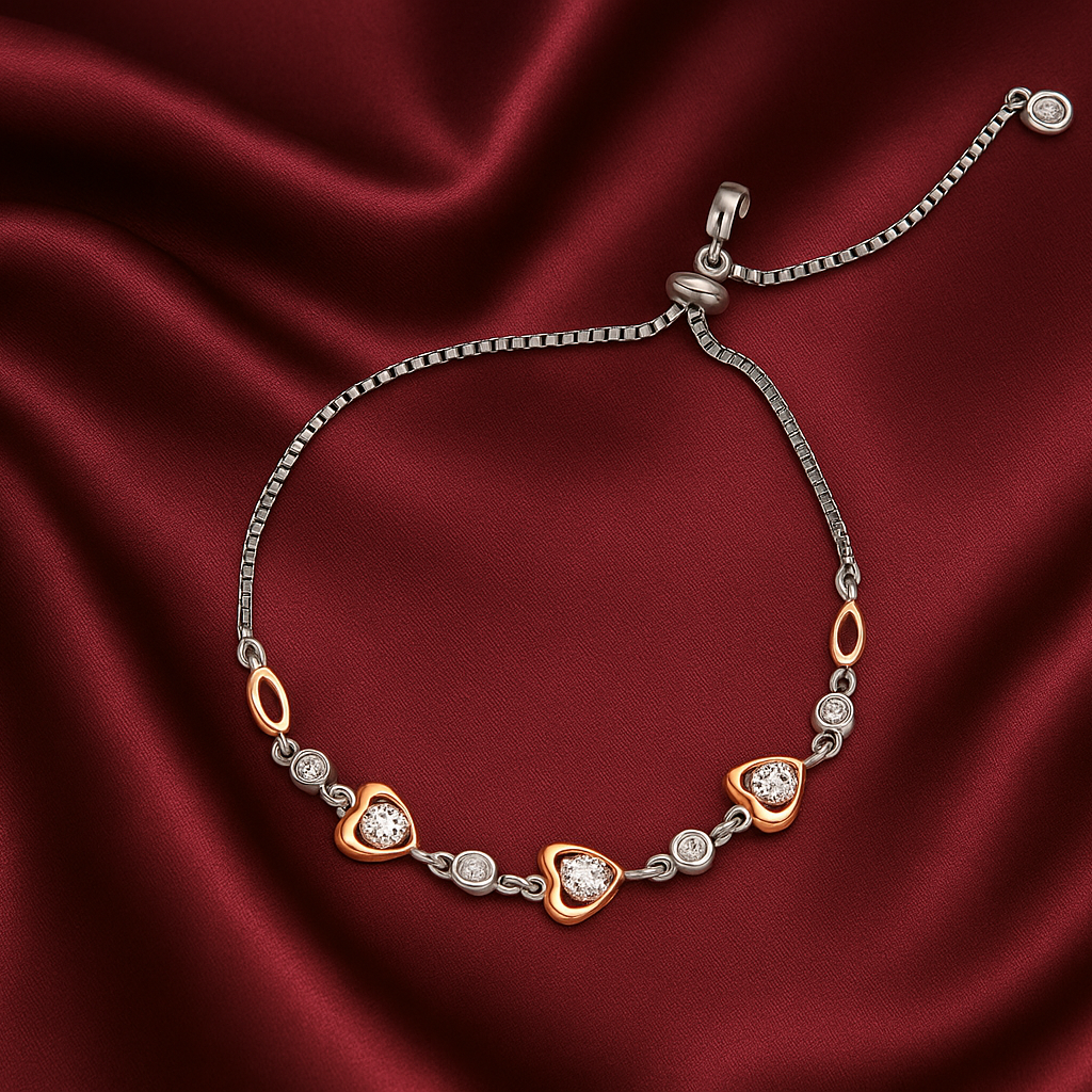 Bracelet with heart-shaped links on a red satin background