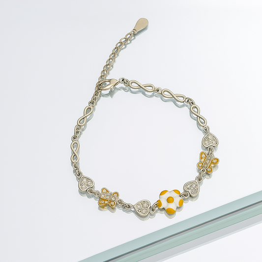 Silver bracelet with floral beads on a white background