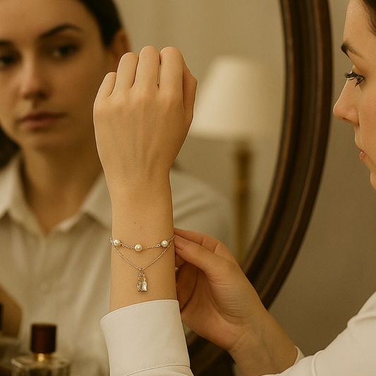 Woman adjusting a bracelet on her wrist in front of a mirror.