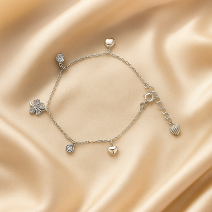 Silver Clover Heart Charm Bracelet