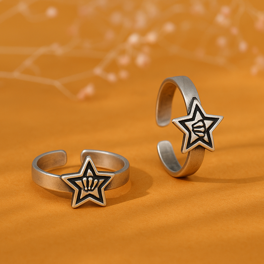 Two star-shaped rings with a design on an orange background