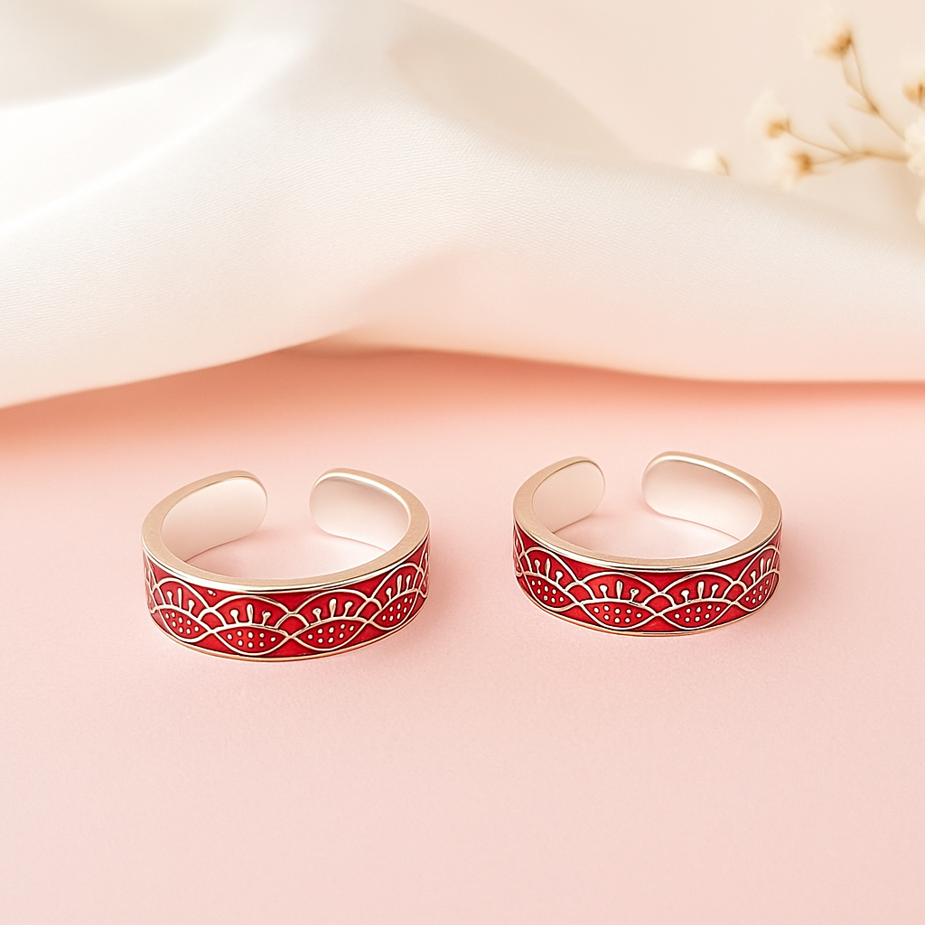 Red Folk Art Silver Toe Rings