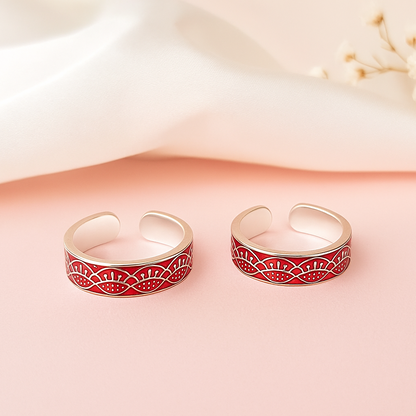 Red Folk Art Silver Toe Rings