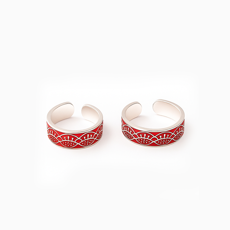 Red Folk Art Silver Toe Rings