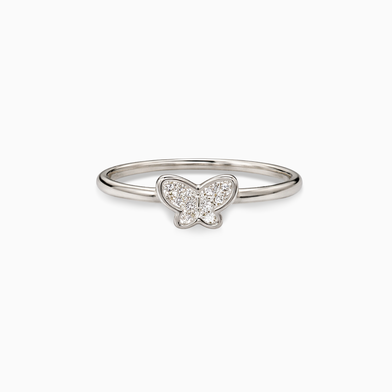 Silver butterfly ring with diamonds on a white background