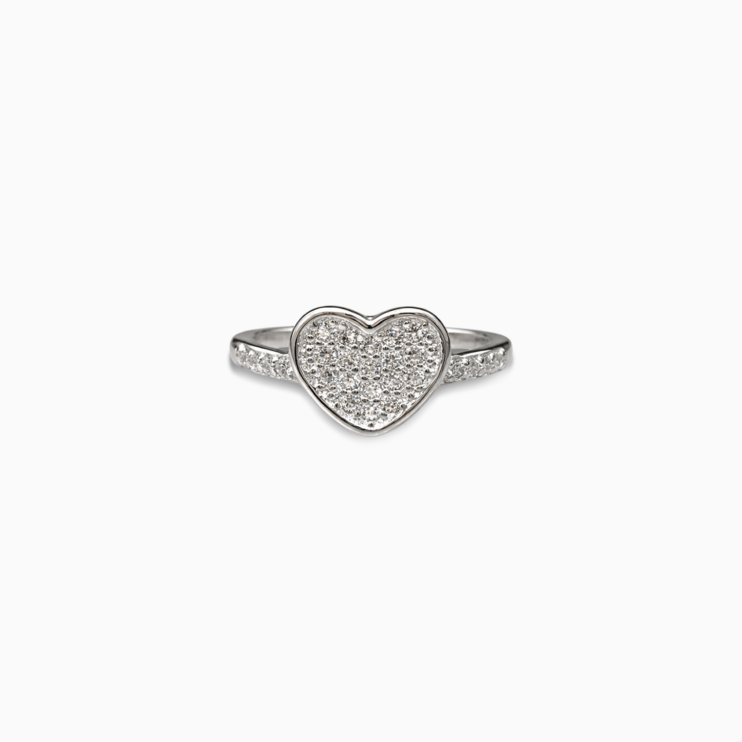 Heart-shaped ring with diamond accents on a white background