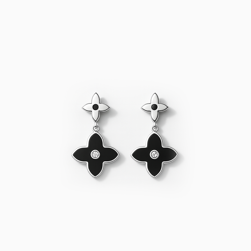 Black Floral Drop Silver Earrings