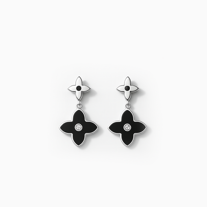 Black Floral Drop Silver Earrings