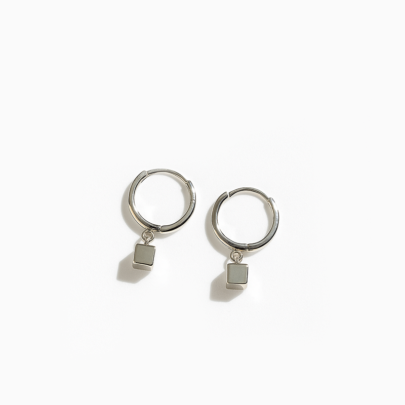 Silver Hoop Cube Drop Earrings