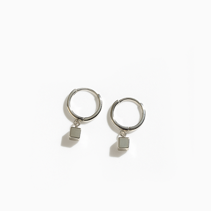 Silver Hoop Cube Drop Earrings
