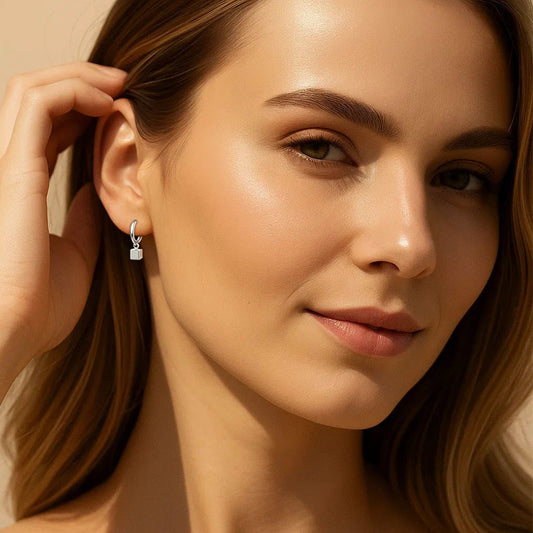 Silver Hoop Cube Drop Earrings