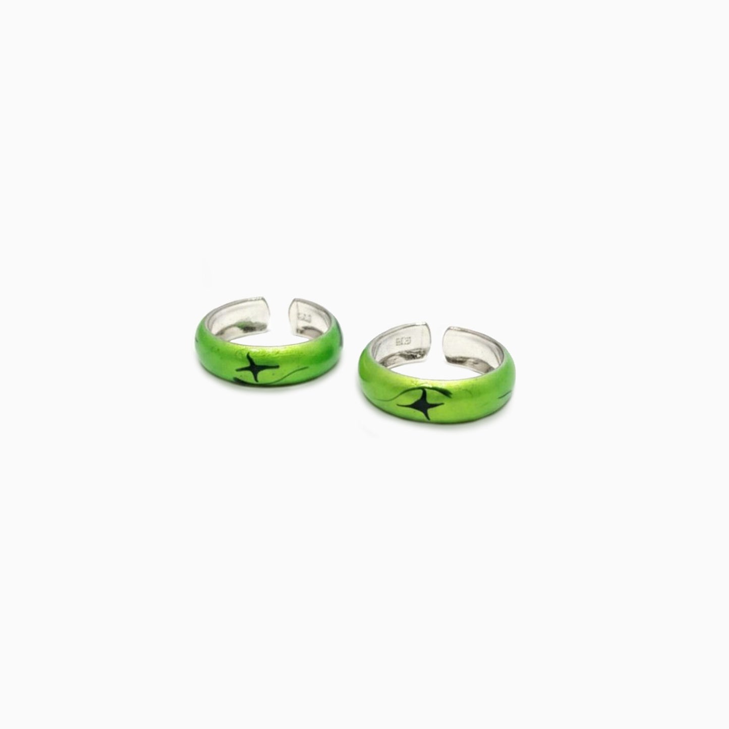 Pair of green hoop earrings with black accents on a white background