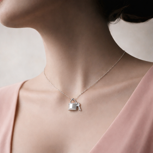 Necklace with a padlock pendant worn by a person against a neutral background