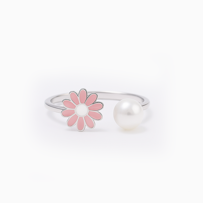 Pink Rotating Flower Silver Ring