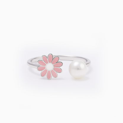 Pink Rotating Flower Silver Ring