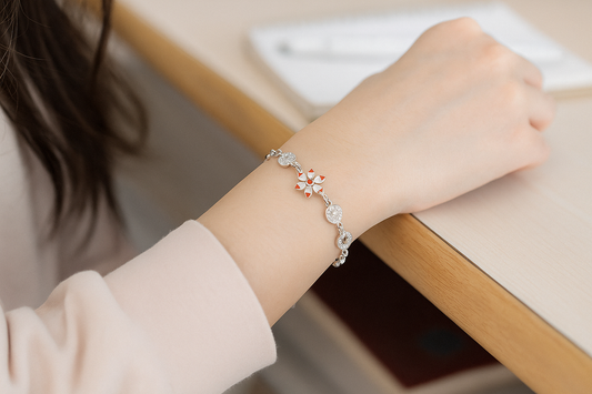 Diamond Heart Flower Charm Bracelet