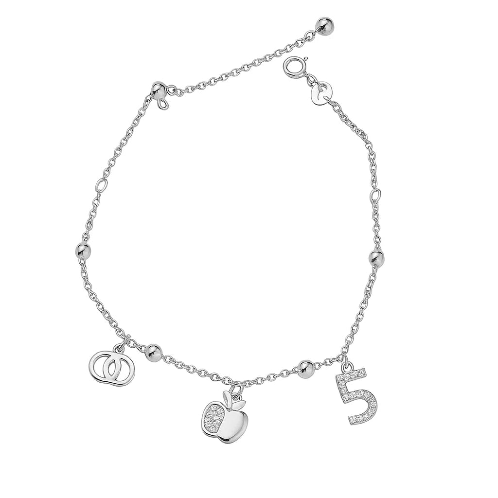 Silver bracelet with heart and number 5 charms on a white background