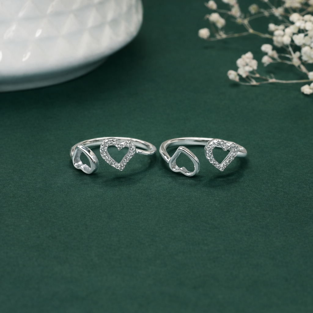Open Love 925 silver toe rings (metti) — twin heart design with zircon for women