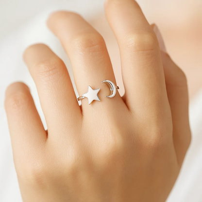 Solid Star Moon Silver Ring