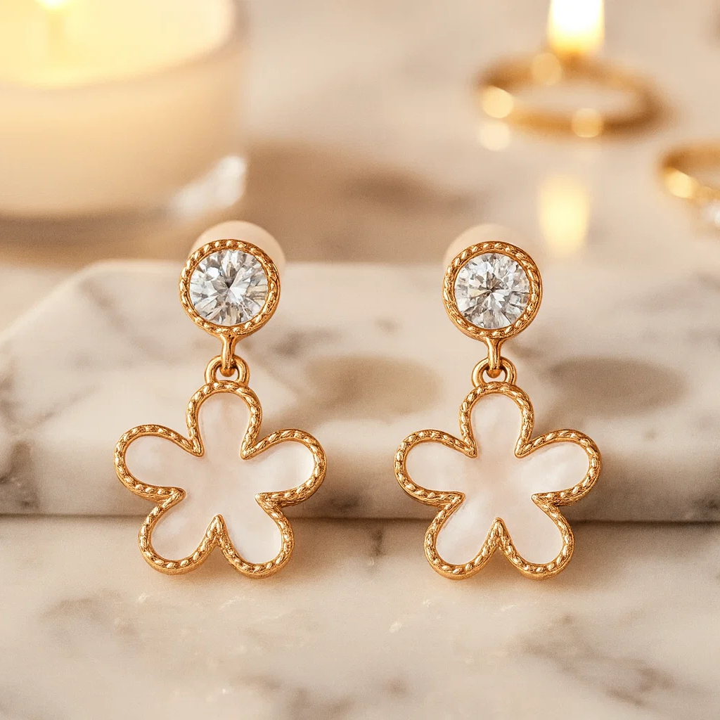 Mother of Pearl Cubic Zirconia Flower Studs