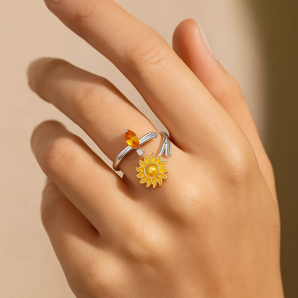 Sunflower Bee Trendy Silver Ring