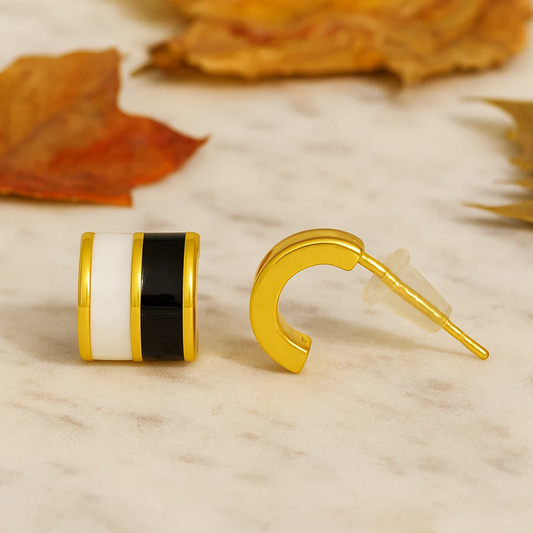 Enamel Black & White Silver Hoops