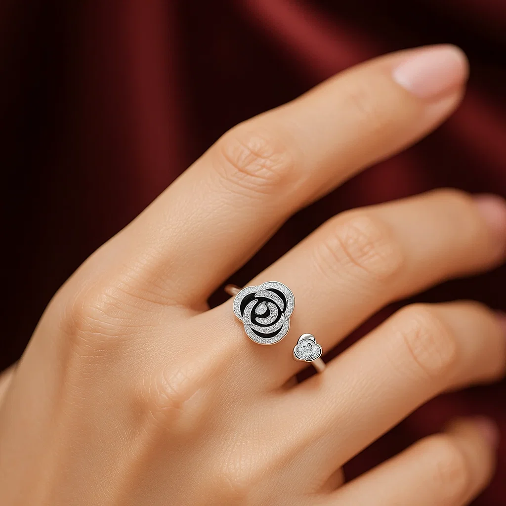Black Rose Adjustable Silver Ring