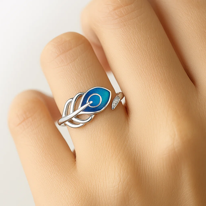 Blue Feather Charm Silver Ring