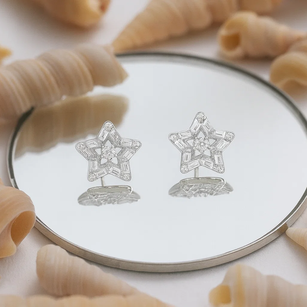 Baguette Silver Crystal Star Studs