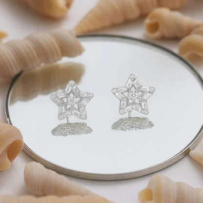 Baguette Silver Crystal Star Studs