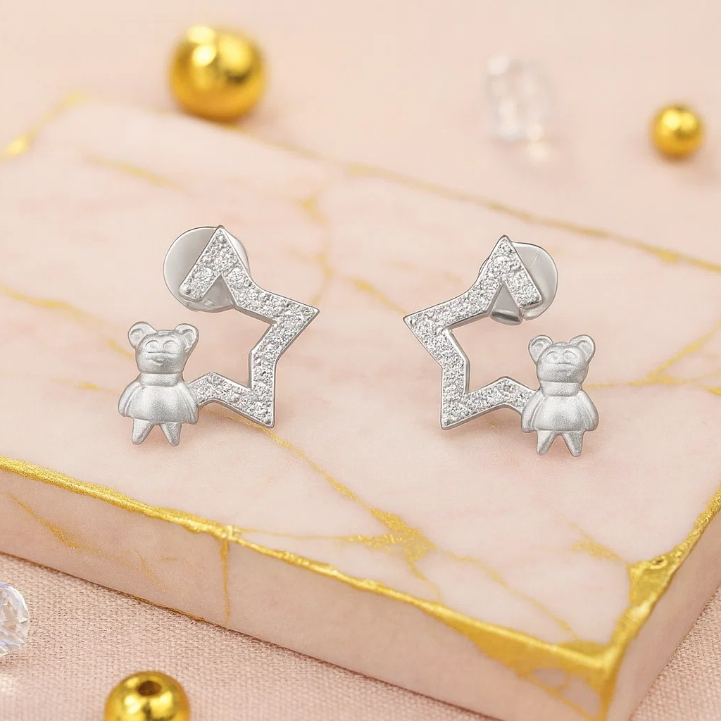 Trendy Starry TeddyBear Silver Studs