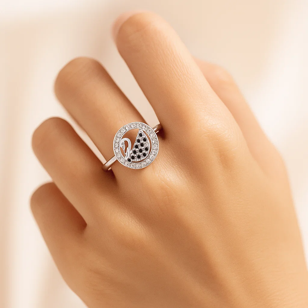 Rotating Black Swan Silver Ring