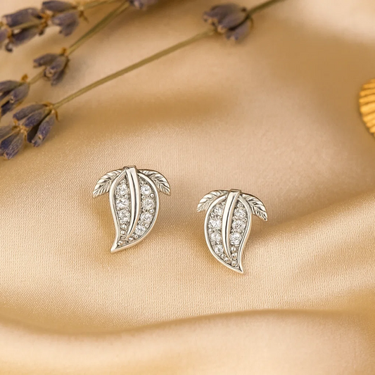 Zirconiia Silver Leaf Stud Earrings