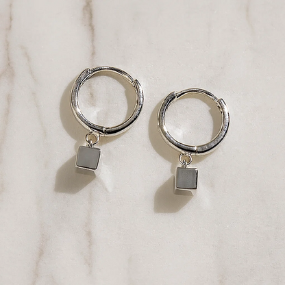 Silver Hoop Cube Drop Earrings