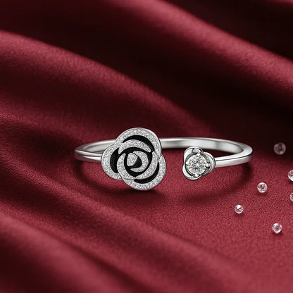 Black Rose Adjustable Silver Ring