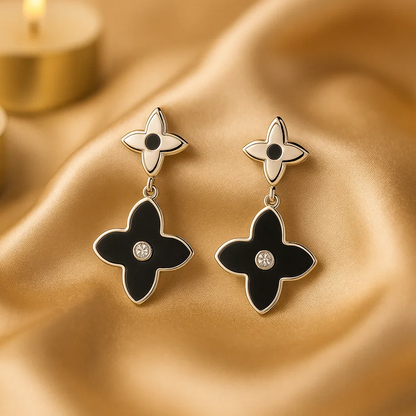 Black Floral Drop Silver Earrings