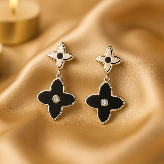 Black Floral Drop Silver Earrings