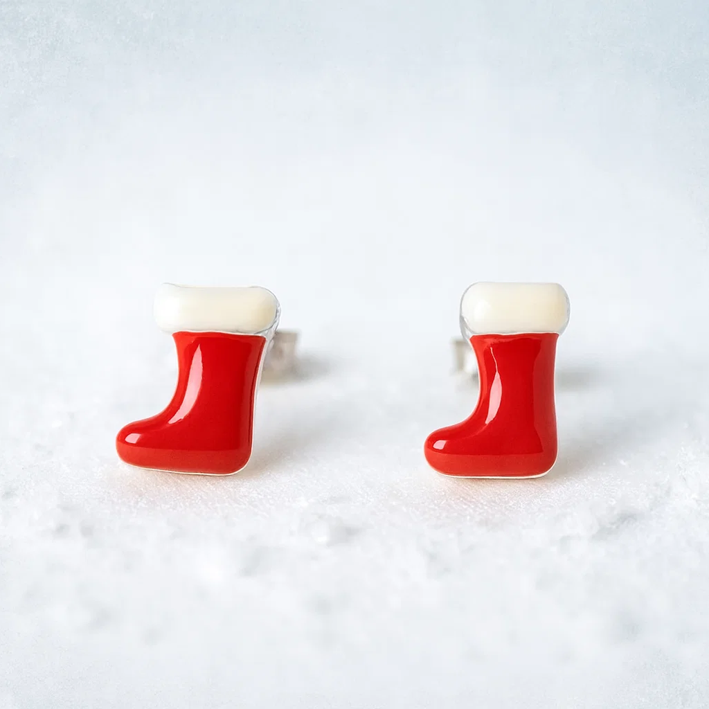 Festive Red Enamel Stocking Silver Studs