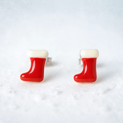Festive Red Enamel Stocking Silver Studs