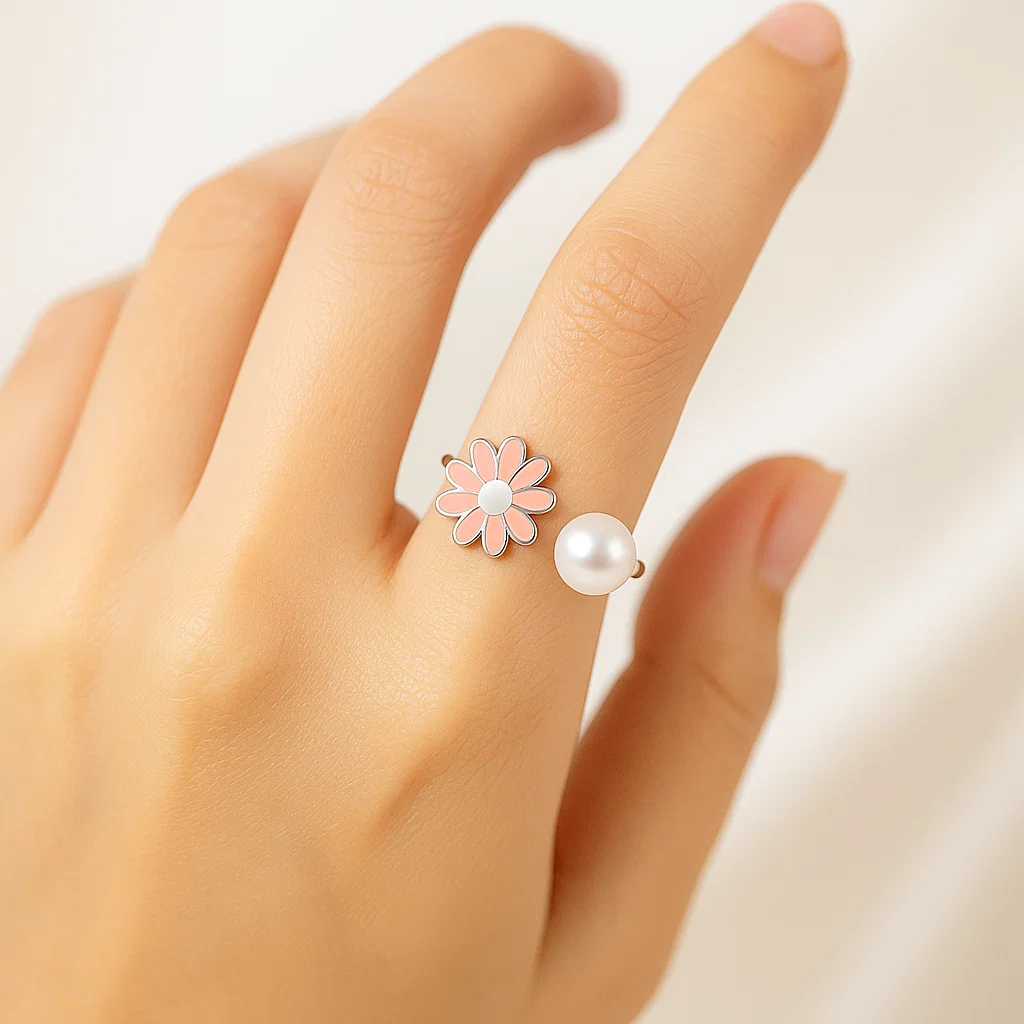 Pink Rotating Flower Silver Ring